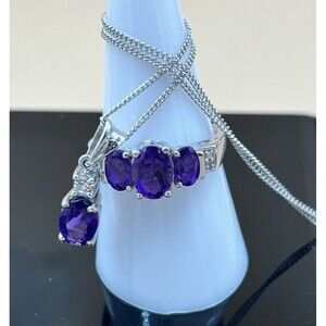 Amethyst Gemstone Pendant and Ring 925 Sterling Silver 18" Chain and Size 8 Ring